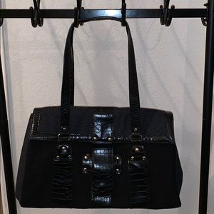 Black and Gold Faux Crocodile and Suede Satchel